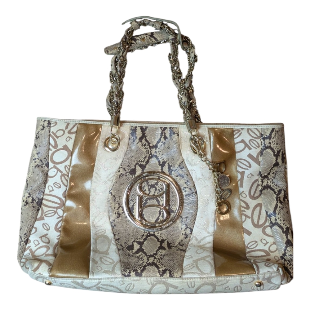 Bebe Gold Cream Snakeskin Print Logo Shoulder Bag